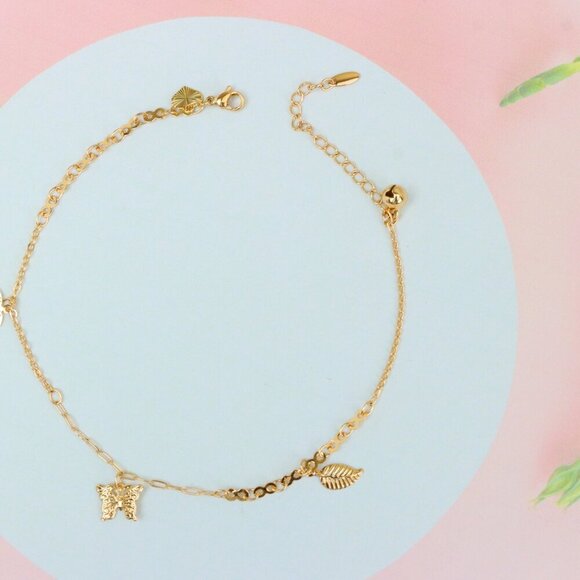 "Rose Gold Anklet with Butterfly & Leaf Charms, XPAL1169 - Picture 1 of 12